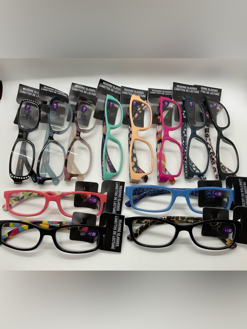 Lot of 12 FASHIONABLE Reading Glasses +1.00 power Assorted Colors & Patterns